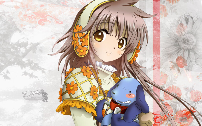 Anime Girl Holding Plush — Brown, Calm, Plush Toy