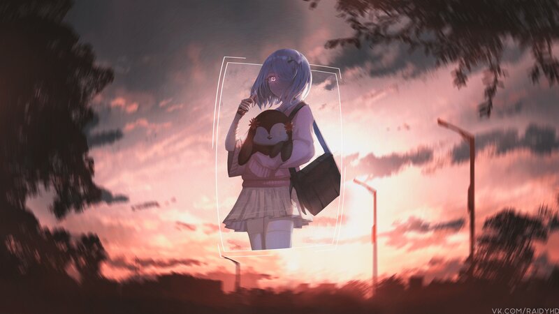 Anime Girl Holding Plush — Pink, Dramatic
