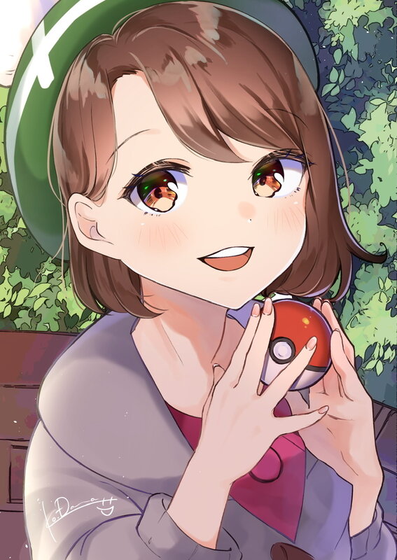 Anime Girl Holding Pokeball — Brown, Cheerful