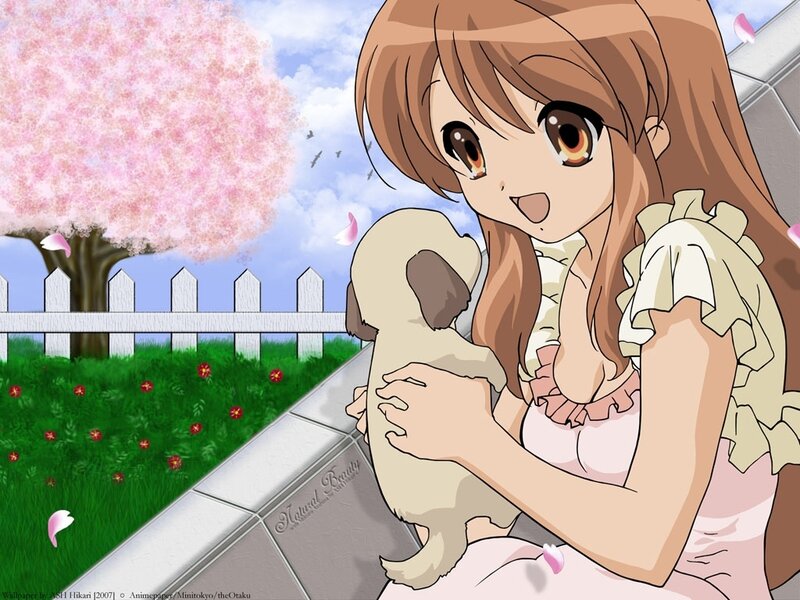 Anime girl holding puppy