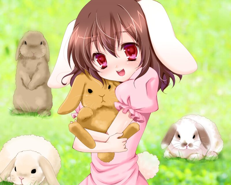 Anime Girl Holding Rabbit — Green