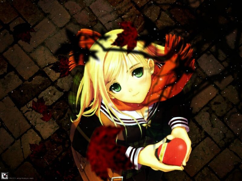 anime girl holding red heart