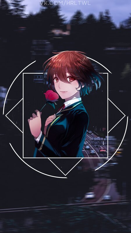 Anime Girl Holding Rose — Black, Dramatic