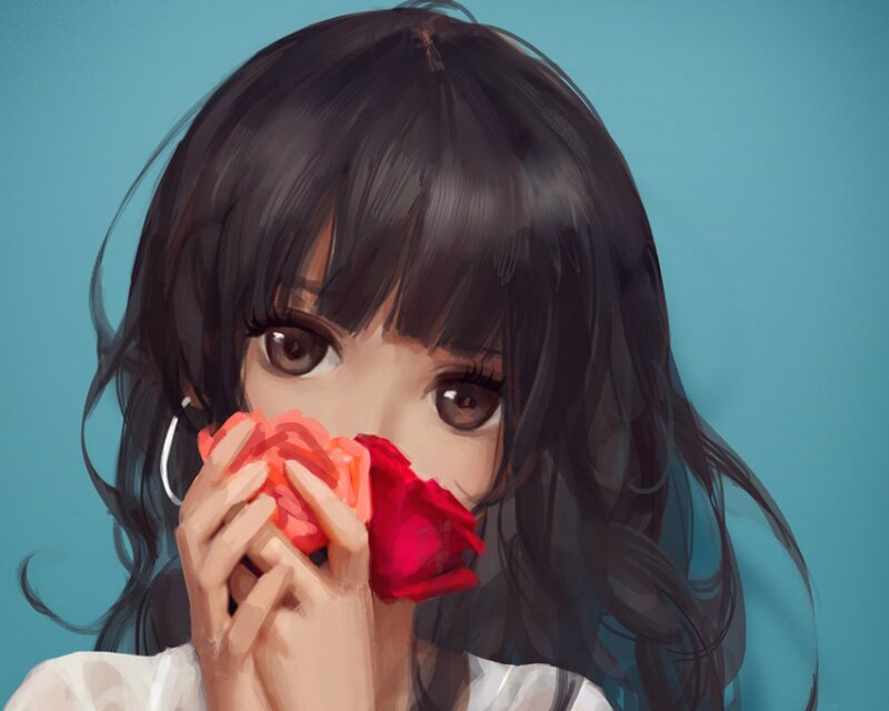 Anime Girl Holding Rose — Blue, Calm