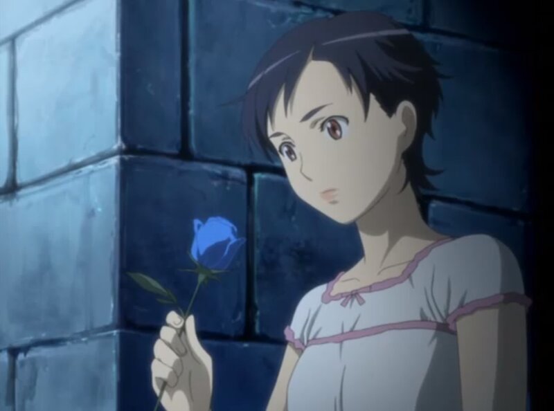 Anime Girl Holding Rose — Blue, Dramatic