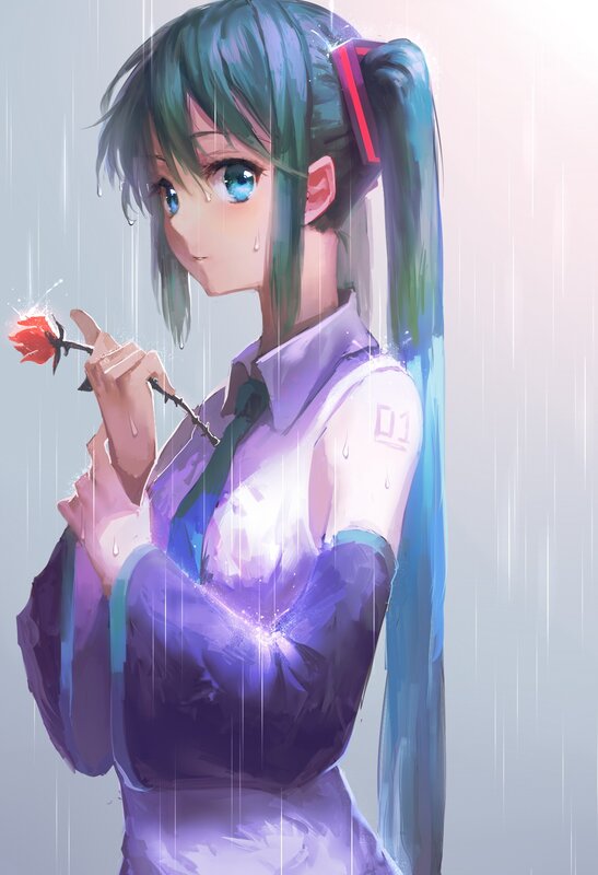 Anime Girl Holding Rose — Blue, Melancholic, Digital Art