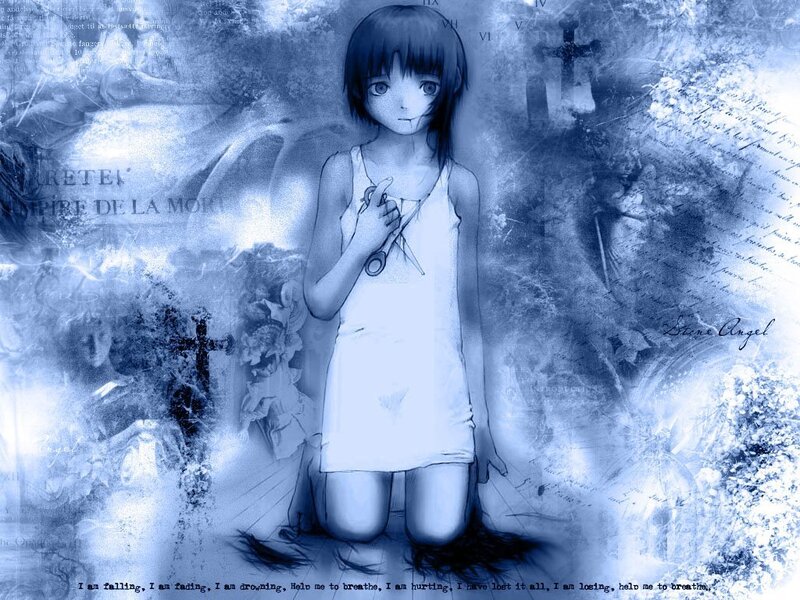 Anime Girl Holding Scissors — Blue, Somber