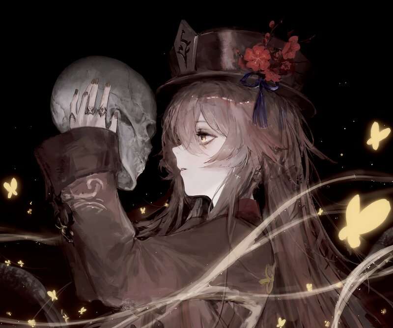 Anime Girl Holding Skull — Black, Dramatic