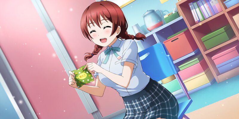 Anime Girl Holding Snack — Pink, Cheerful