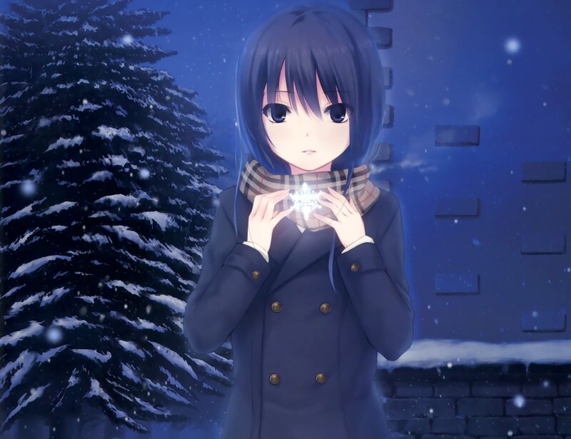 Anime Girl Holding Snowflake — Blue