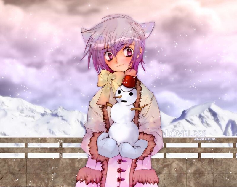 Anime Girl Holding Snowman — Purple, Peaceful