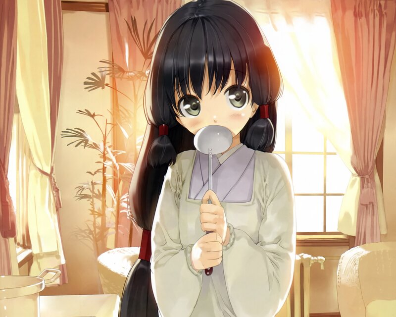 Anime Girl Holding Spoon — White, Calm