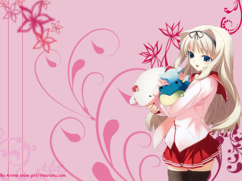 Anime Girl Holding Stuffed Animals — Pink