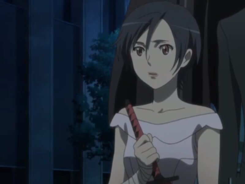 Anime Girl Holding Sword — Blue, Dramatic, Night, Building