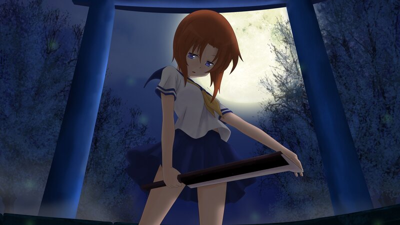 Anime Girl Holding Sword — Blue, Dramatic, Night, Moon