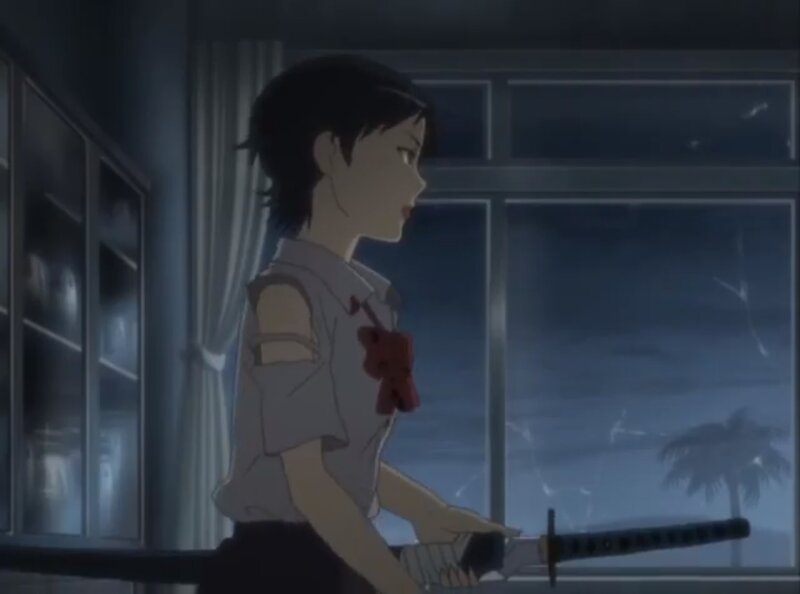 Anime Girl Holding Sword — Blue, Dramatic, Night