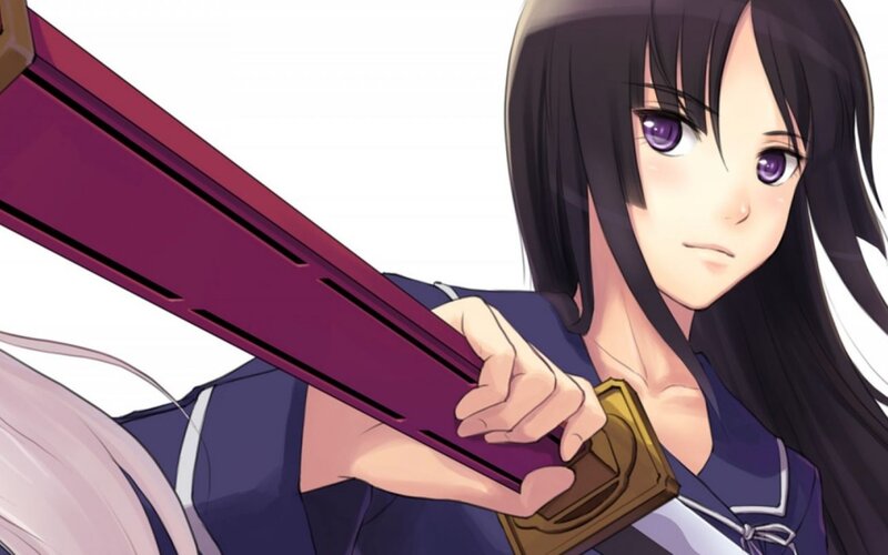 Anime Girl Holding Sword — Purple, Determined