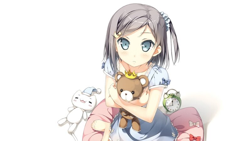 Anime Girl Holding Teddy Bear — Blue, Calm