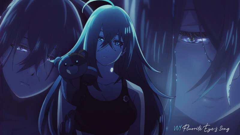 Anime Girl Holding Teddy Bear — Blue, Dramatic, Night