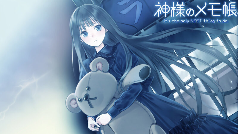 Anime Girl Holding Teddy Bear — Blue, Dramatic