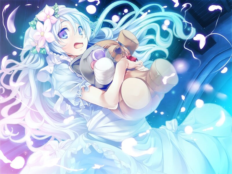 Anime Girl Holding Teddy Bear — Blue, Dreamy