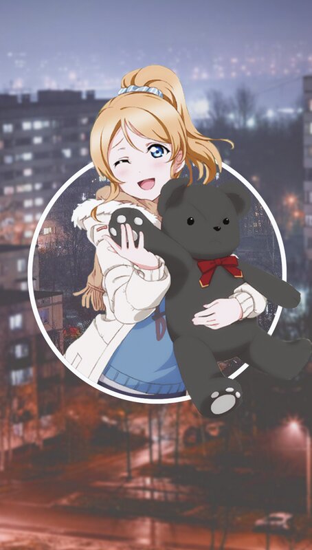 Anime Girl Holding Teddy Bear — Blue, Happy