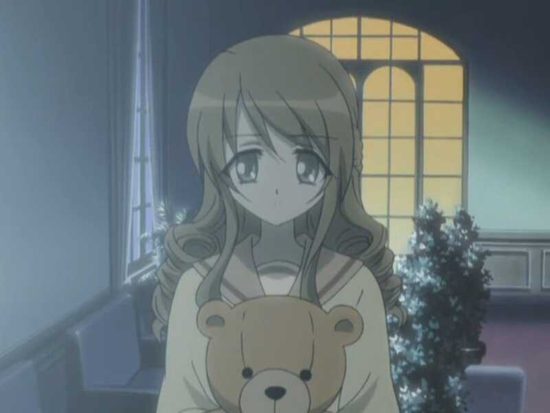 Anime Girl Holding Teddy Bear — Gray, Calm