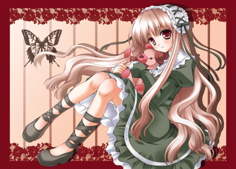 Anime Girl Holding Teddy Bear — Green, Calm, Teddy Bear, Butterfly