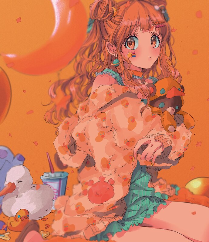 Anime Girl Holding Teddy Bear — Orange, Playful