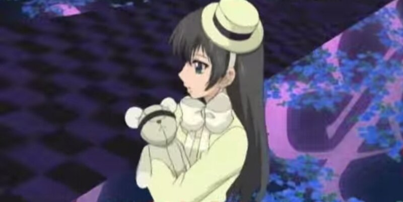 Anime Girl Holding Teddy Bear — Purple, Dramatic