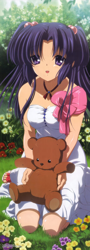 Anime Girl Holding Teddy Bear — Purple, Serene, Afternoon