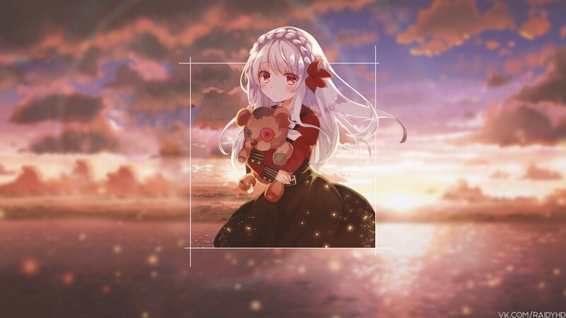 Anime Girl Holding Teddy Bear — Purple, Serene, Sunset, Digital Art
