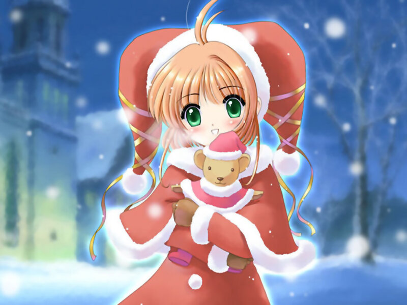 Anime Girl Holding Teddy Bear — Red, Festive