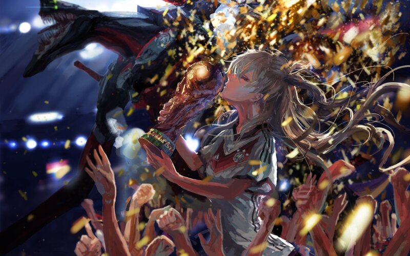 Anime Girl Holding Trophy — Blue