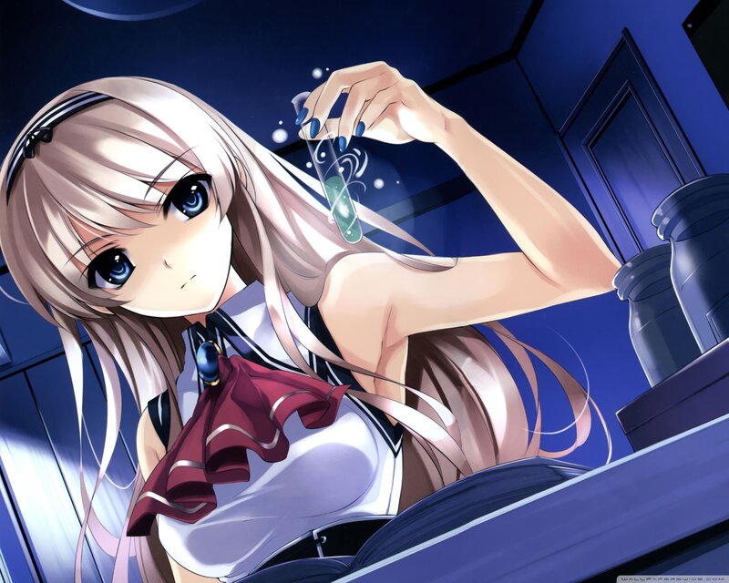 Anime Girl Holding Vial — Blue, Dramatic, Night, Lab