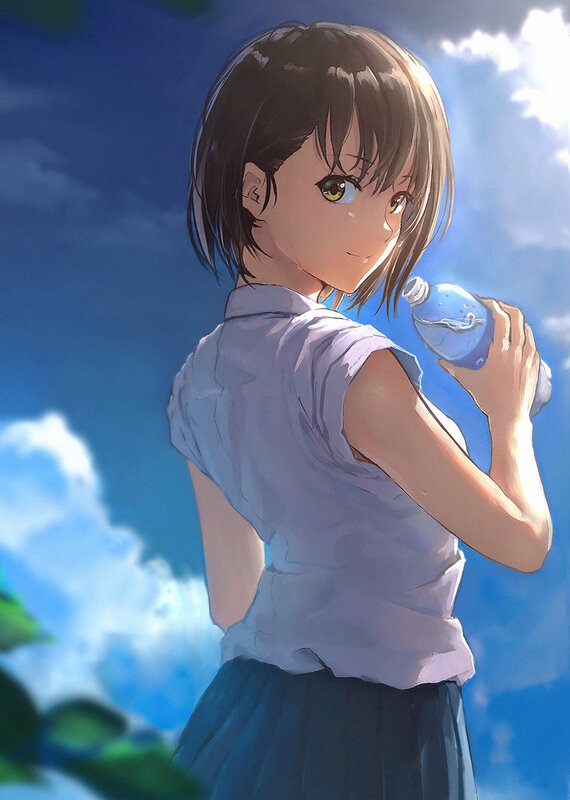 Anime Girl Holding Water Bottle — Blue
