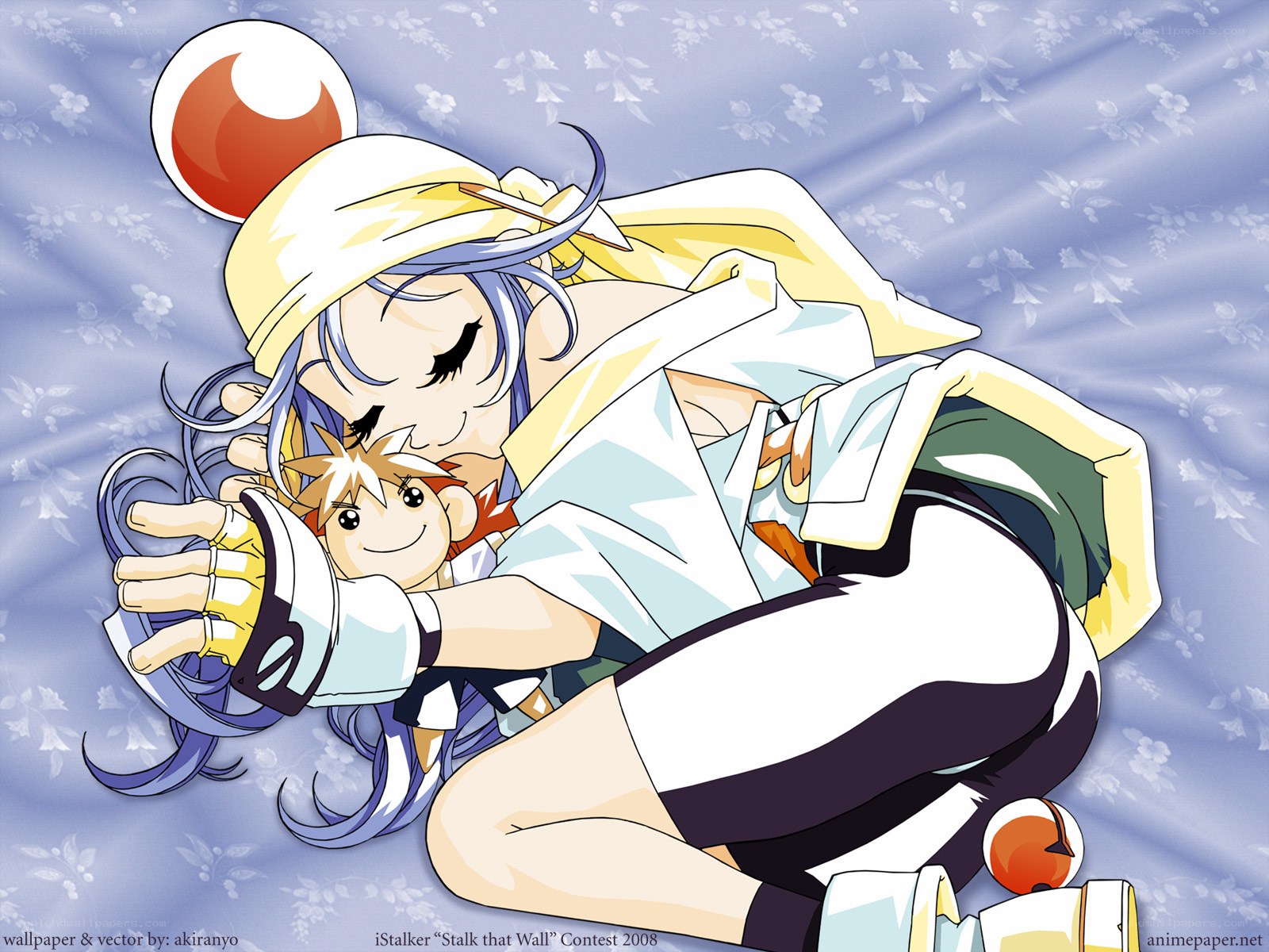 Anime girl hugging a doll