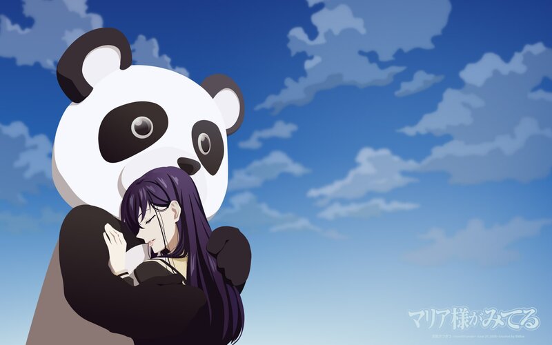 Anime girl hugging a panda