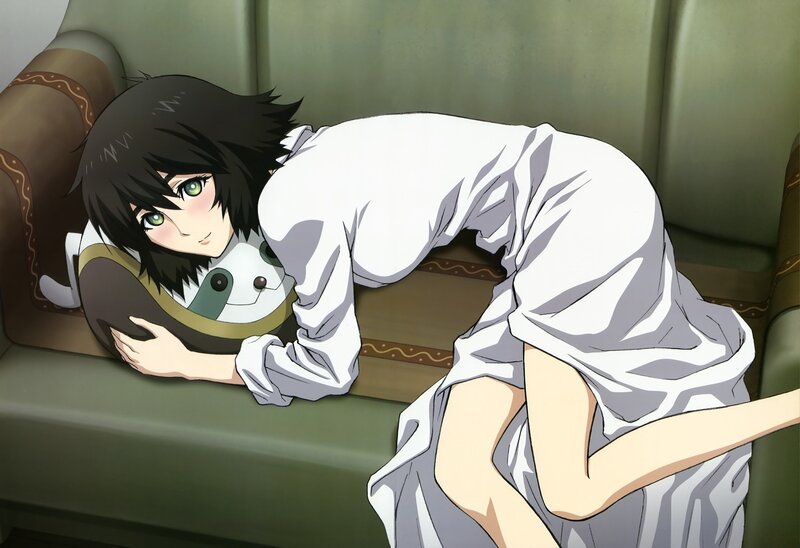 Anime girl hugging a plush