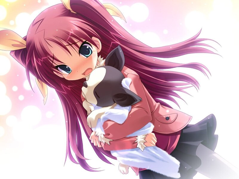 Anime girl hugging a puppy