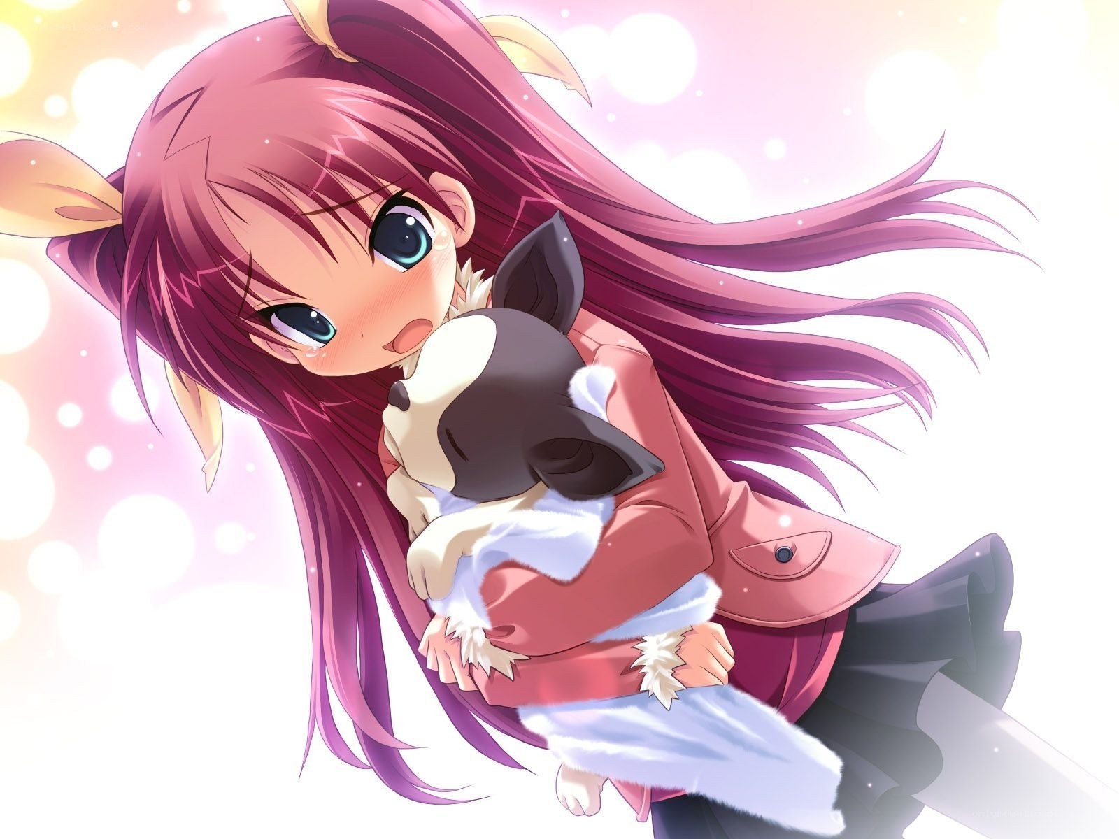 Anime girl hugging a puppy