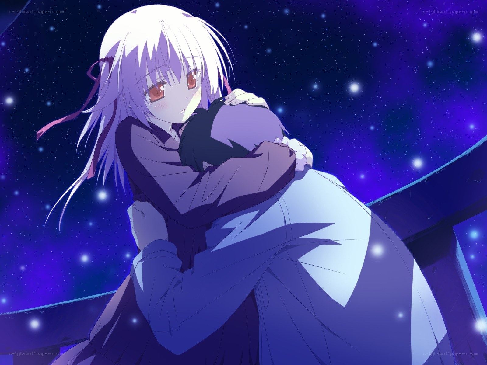 anime girl hugging at night