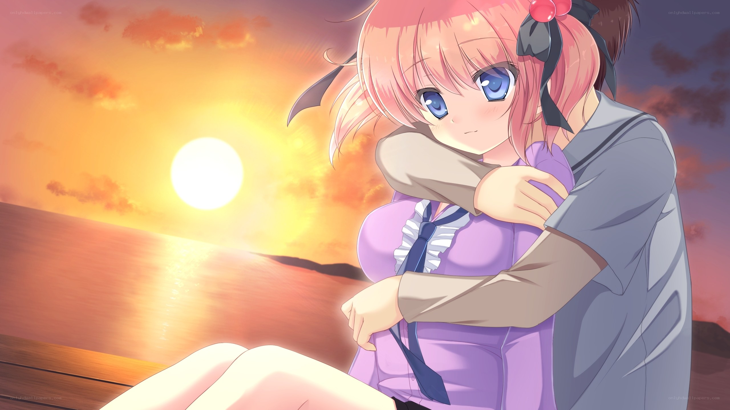 anime girl hugging at sunset