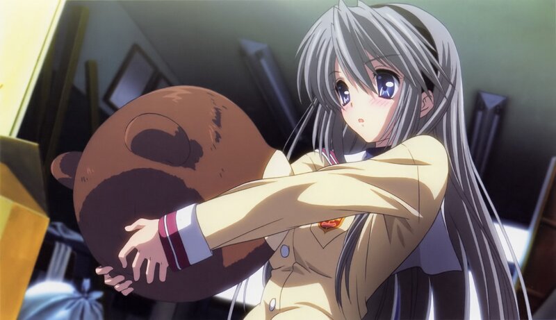 Anime Girl Hugging Bear — Gray