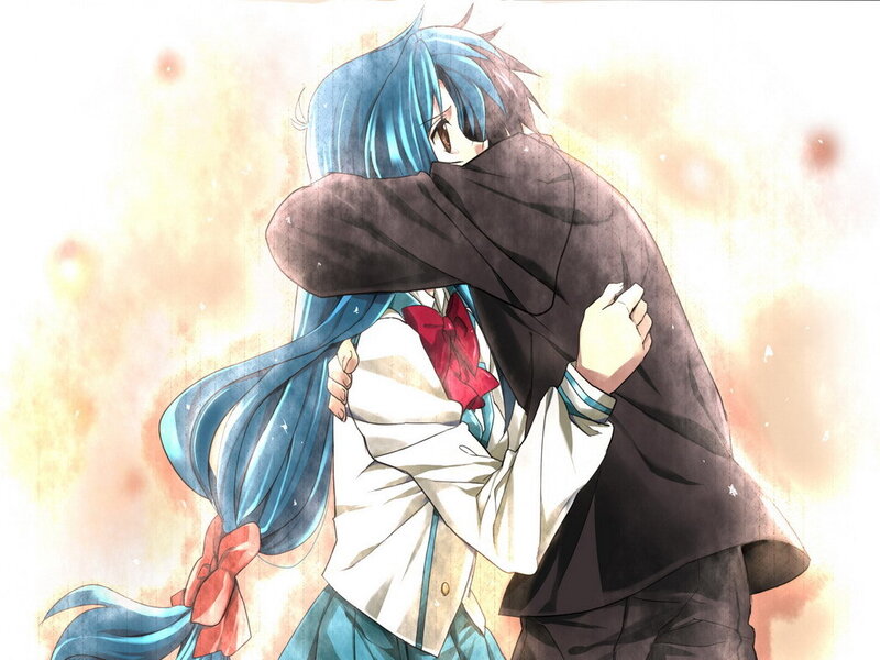 anime girl hugging boy