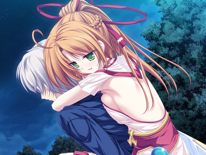 Anime girl hugging boy at night