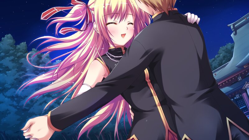 anime girl hugging boy at night