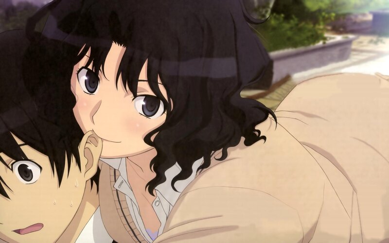Anime Girl Hugging Boy — Beige, Playful