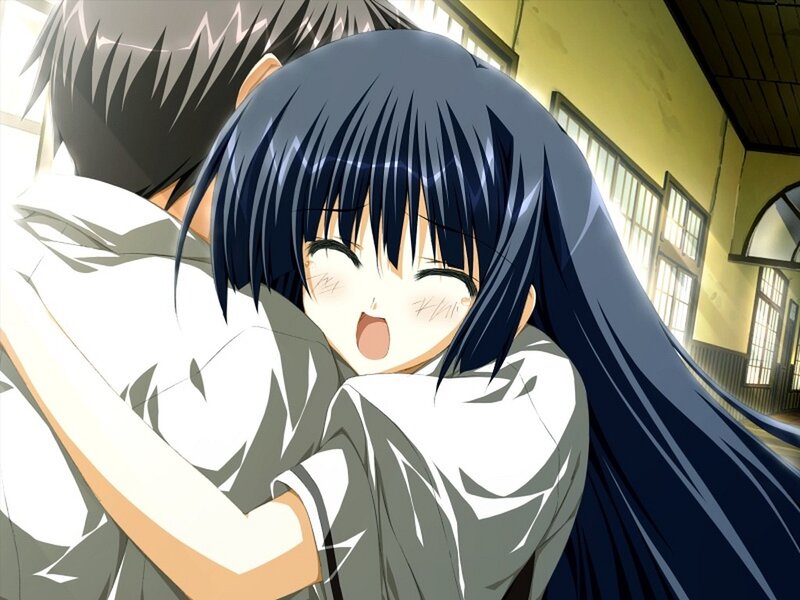 Anime Girl Hugging Boy — Blue, Affectionate