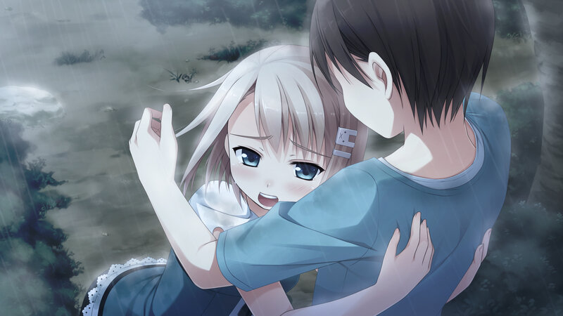 Anime Girl Hugging Boy — Blue, Dramatic, Night, Rain